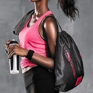New Victoria's Secret Drawstring Backpack Bag Black Silver Mesh Pink Logo Lined